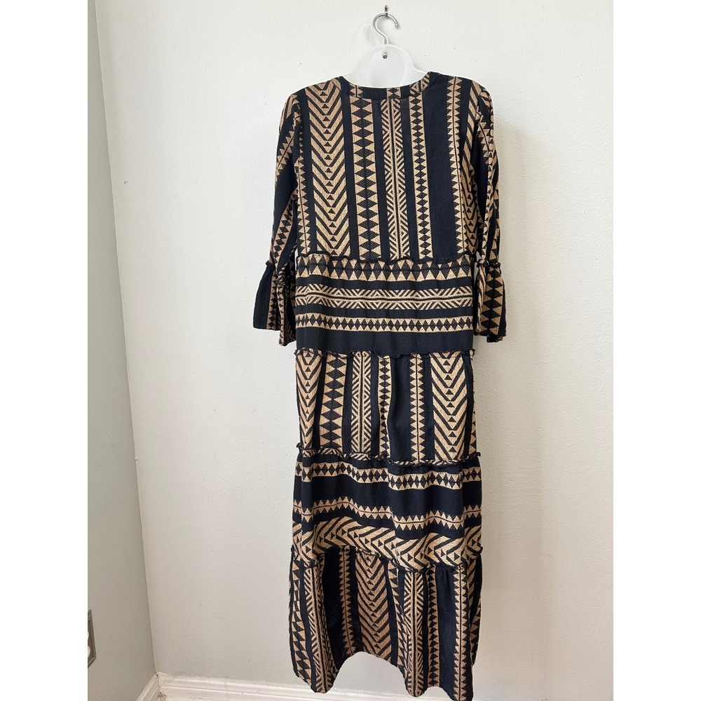 Mud Pie Black Tan Geometric Tribal Print Tier Midi Dress Small Boho Bell Sleeve - Picture 2 of 7